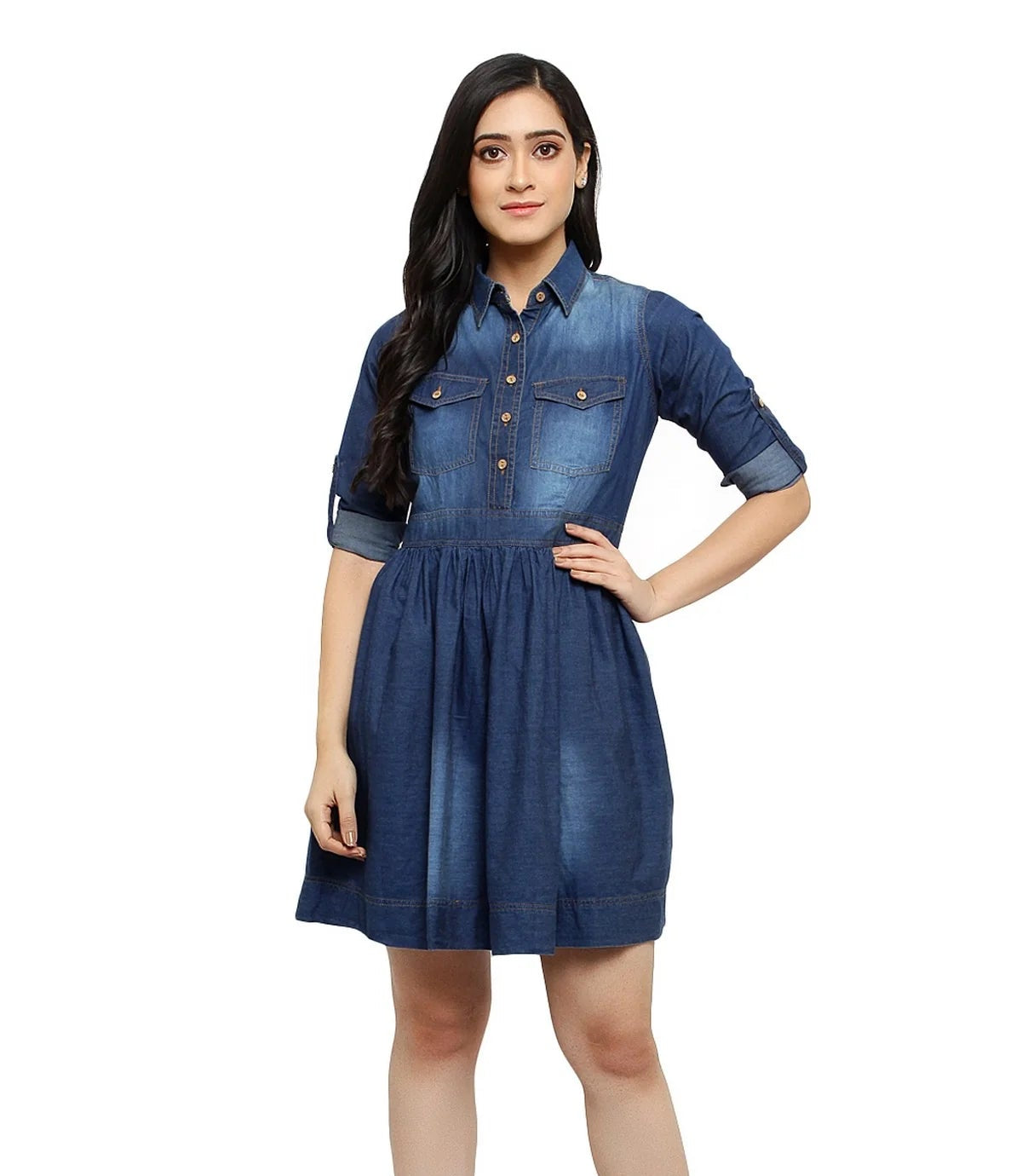 Brezza Fashion - stunning Women Blue Solid Fit and Flare denim party wear Dress frock