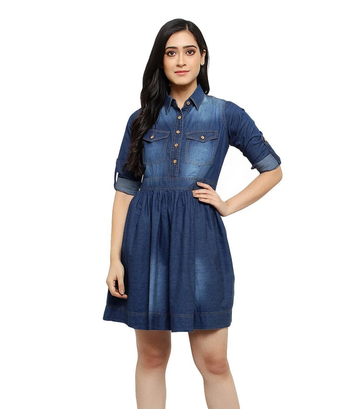 Brezza Fashion - stunning Women Blue Solid Fit and Flare denim party wear Dress frock