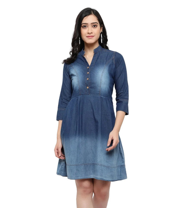 Brezza Fashion - Gorgeous Women Blue Solid Fit and Flare denim party wear Dress frock