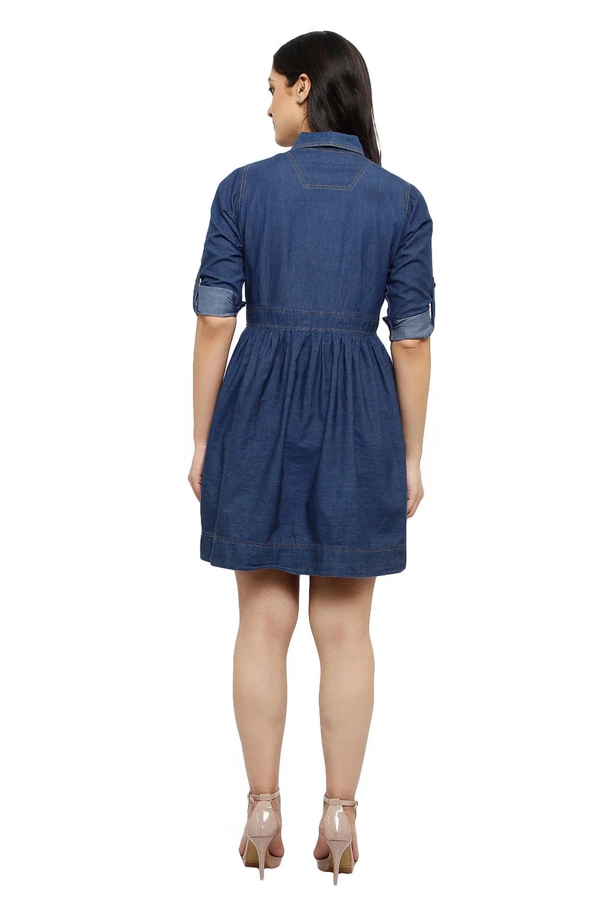 Brezza Fashion - stunning Women Blue Solid Fit and Flare denim party wear Dress frock