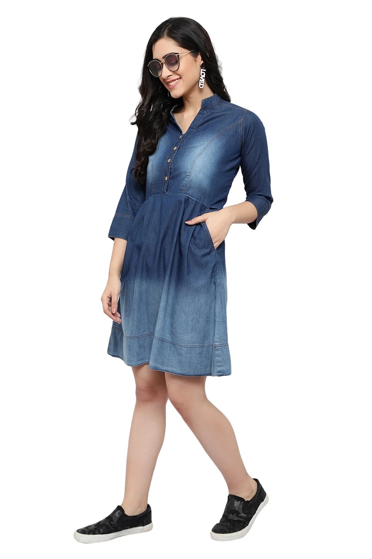 Brezza Fashion - Gorgeous Women Blue Solid Fit and Flare denim party wear Dress frock