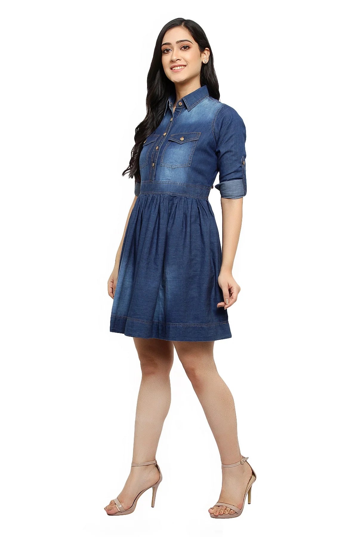Brezza Fashion - stunning Women Blue Solid Fit and Flare denim party wear Dress frock