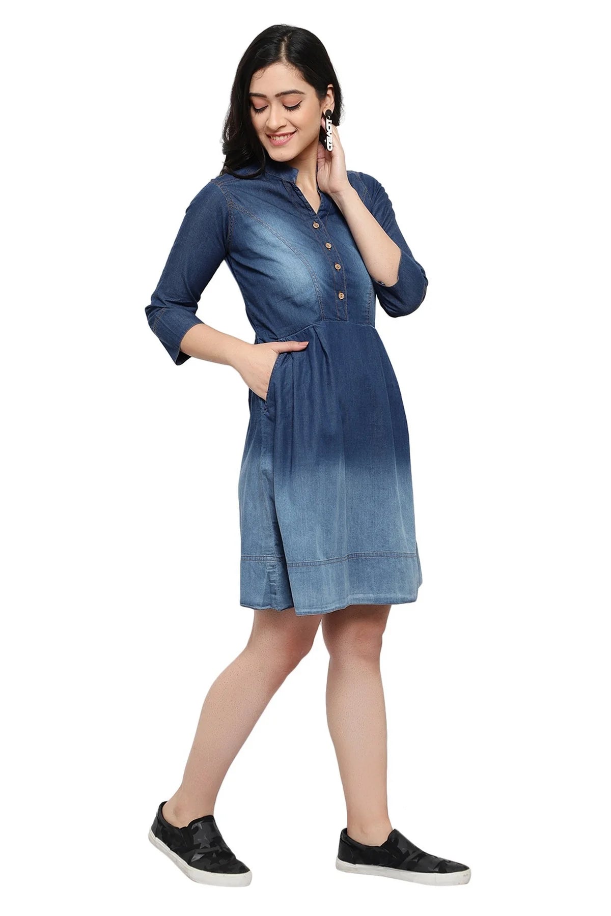 Brezza Fashion - Gorgeous Women Blue Solid Fit and Flare denim party wear Dress frock