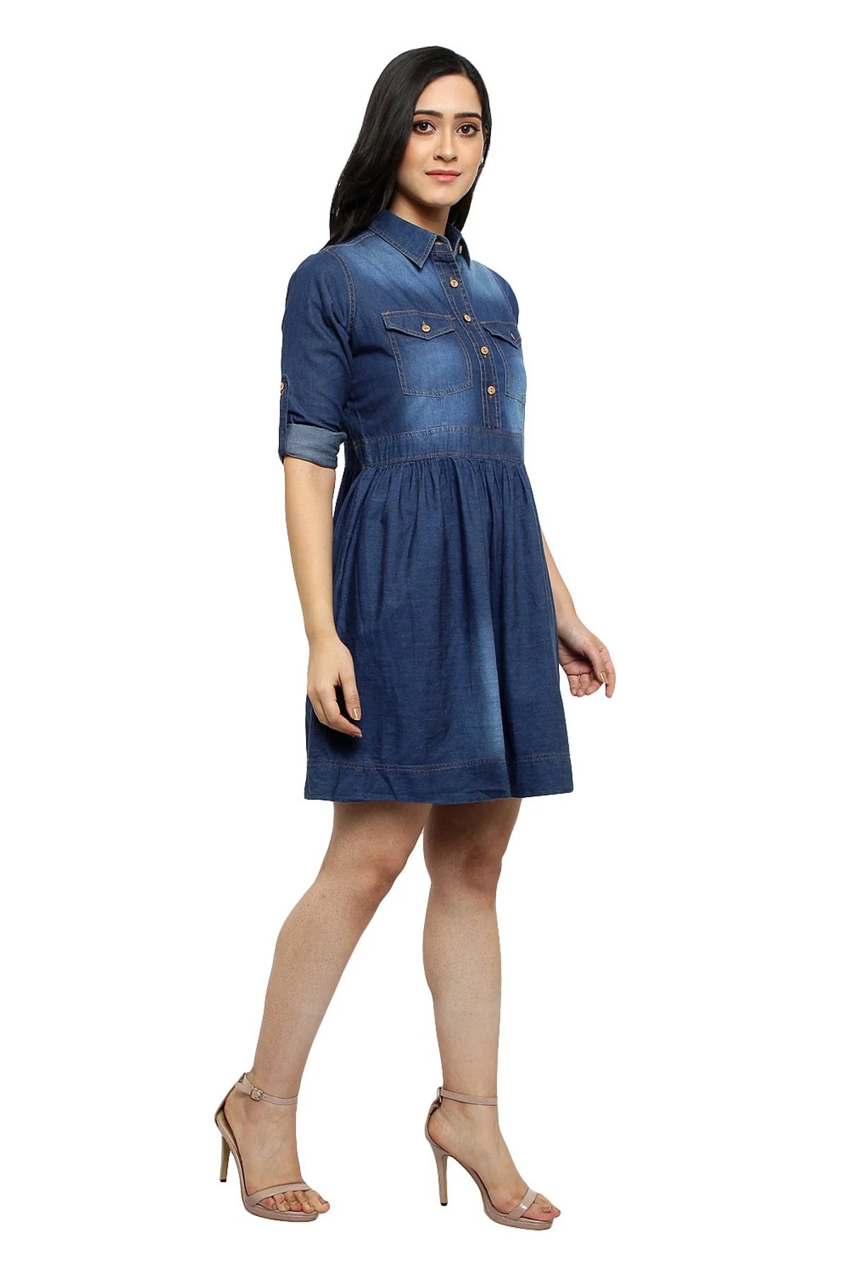Brezza Fashion - stunning Women Blue Solid Fit and Flare denim party wear Dress frock