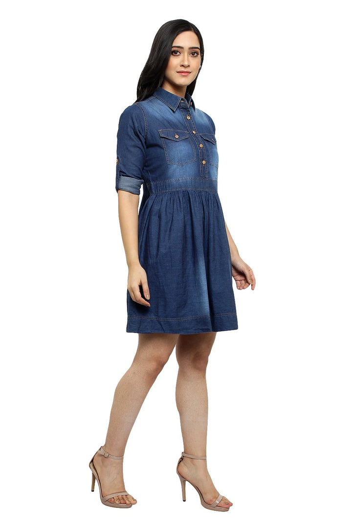 Brezza Fashion - stunning Women Blue Solid Fit and Flare denim party wear Dress frock