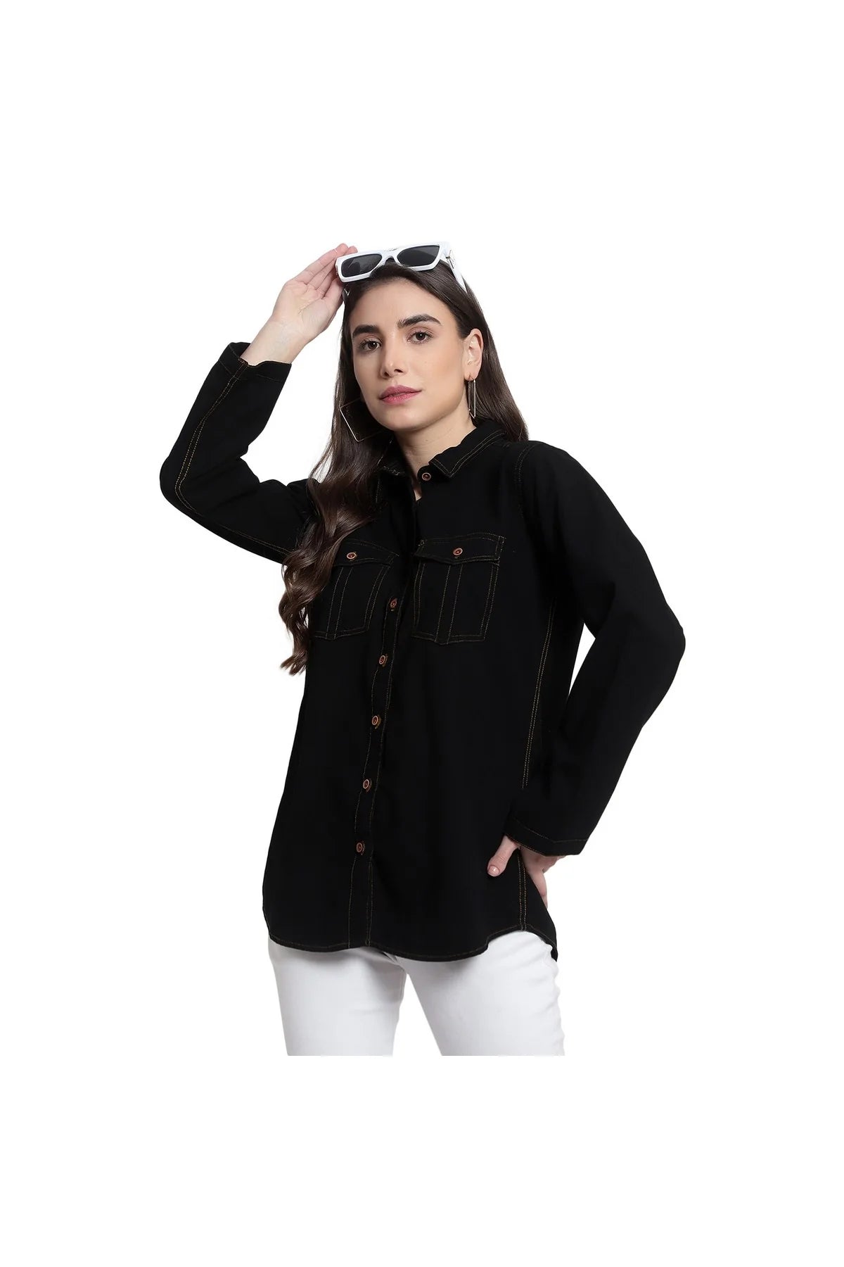 Brezza Fashion - Nice-looking Black Smart Regular Fit Solid Casual Denim Shirt for women