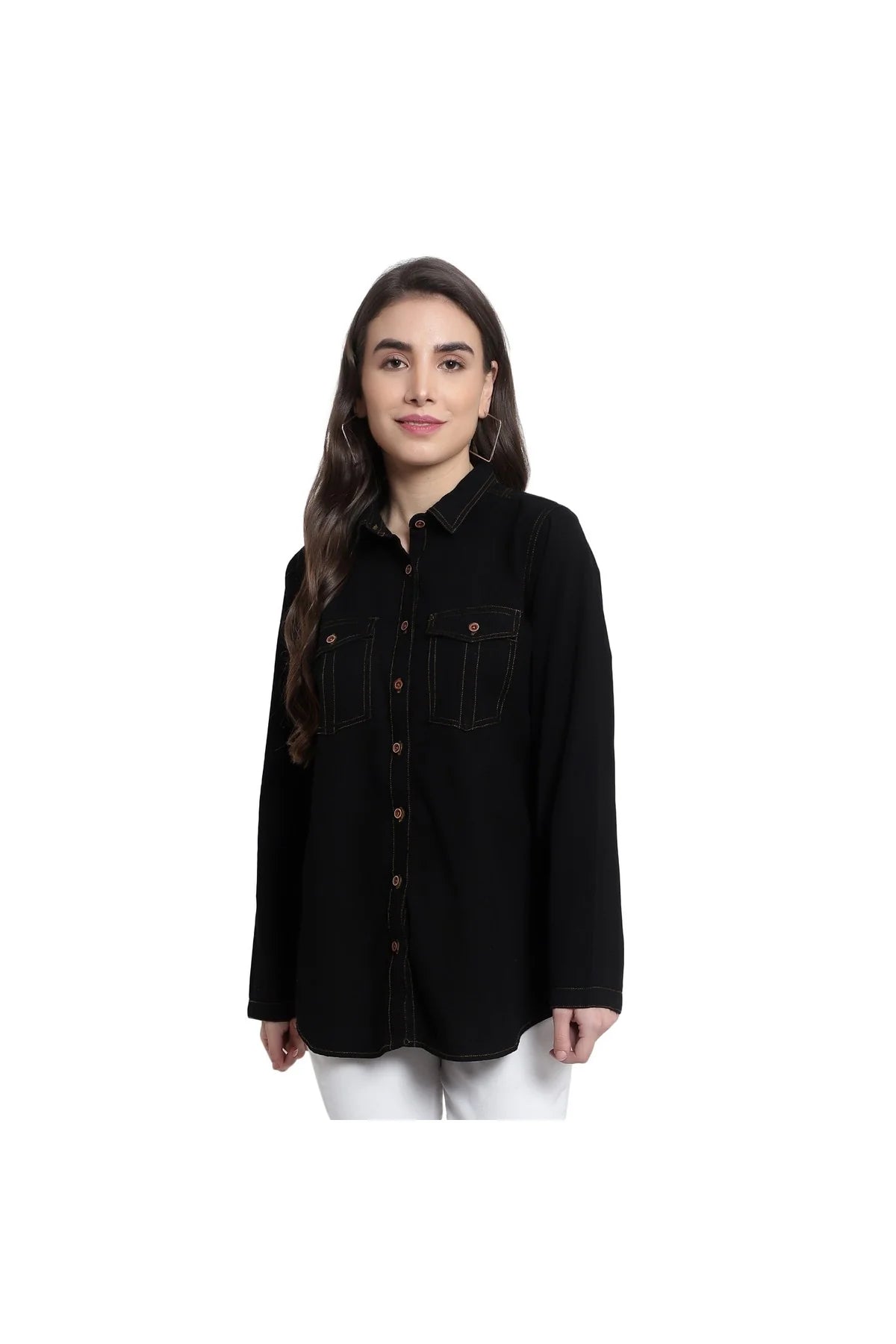 Brezza Fashion - Nice-looking Black Smart Regular Fit Solid Casual Denim Shirt for women