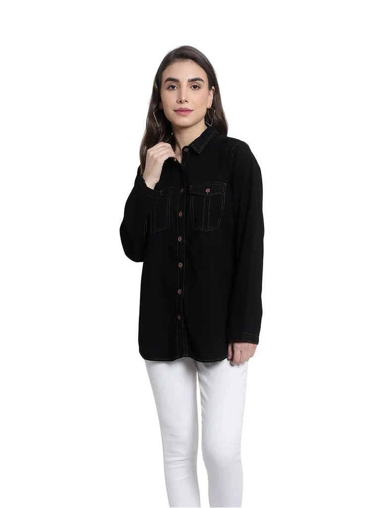 Brezza Fashion - Nice-looking Black Smart Regular Fit Solid Casual Denim Shirt for women