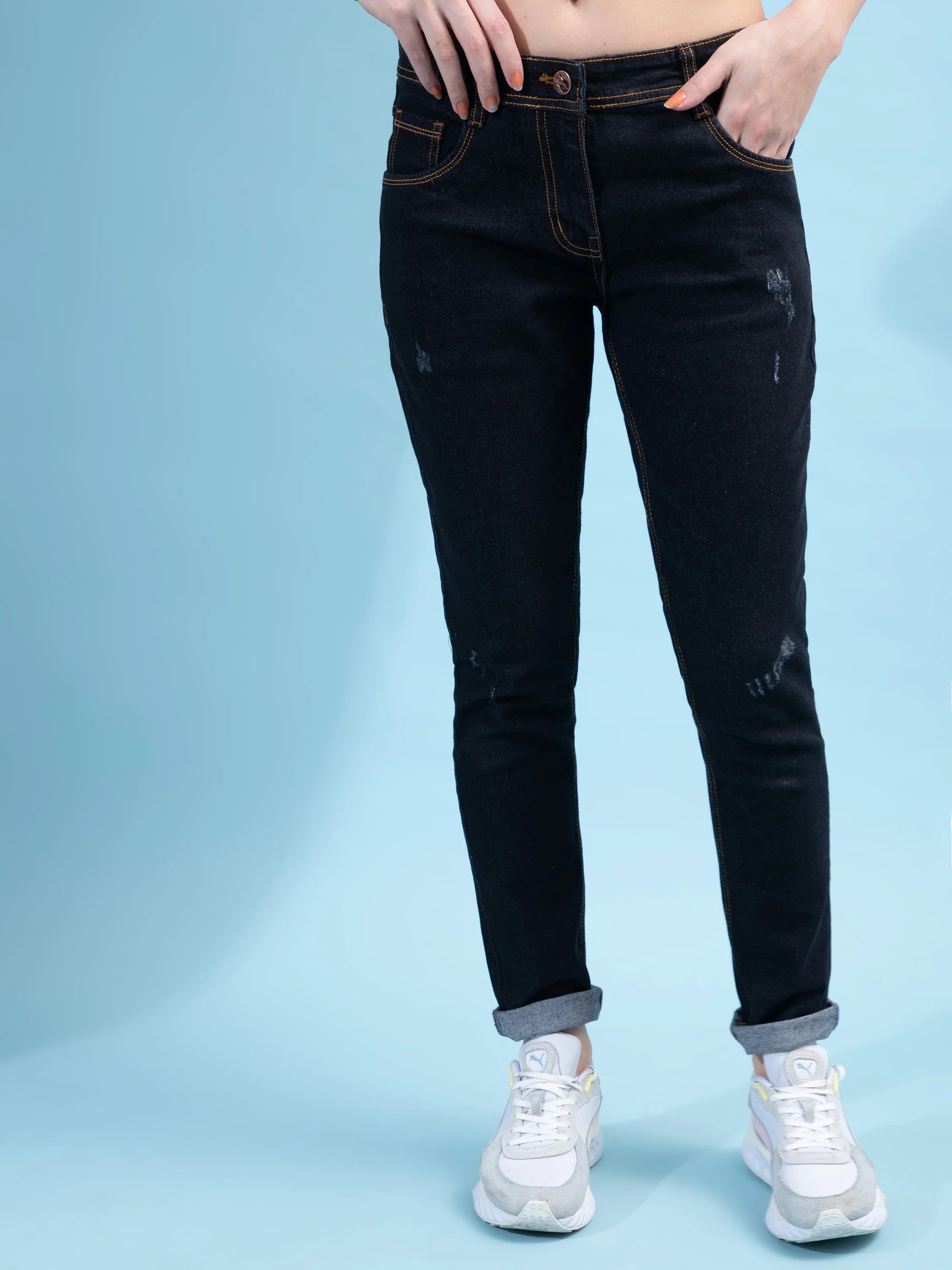 Brezza Fashion -  Distressed Skinny Ripped Denim Jeans for Women, Black