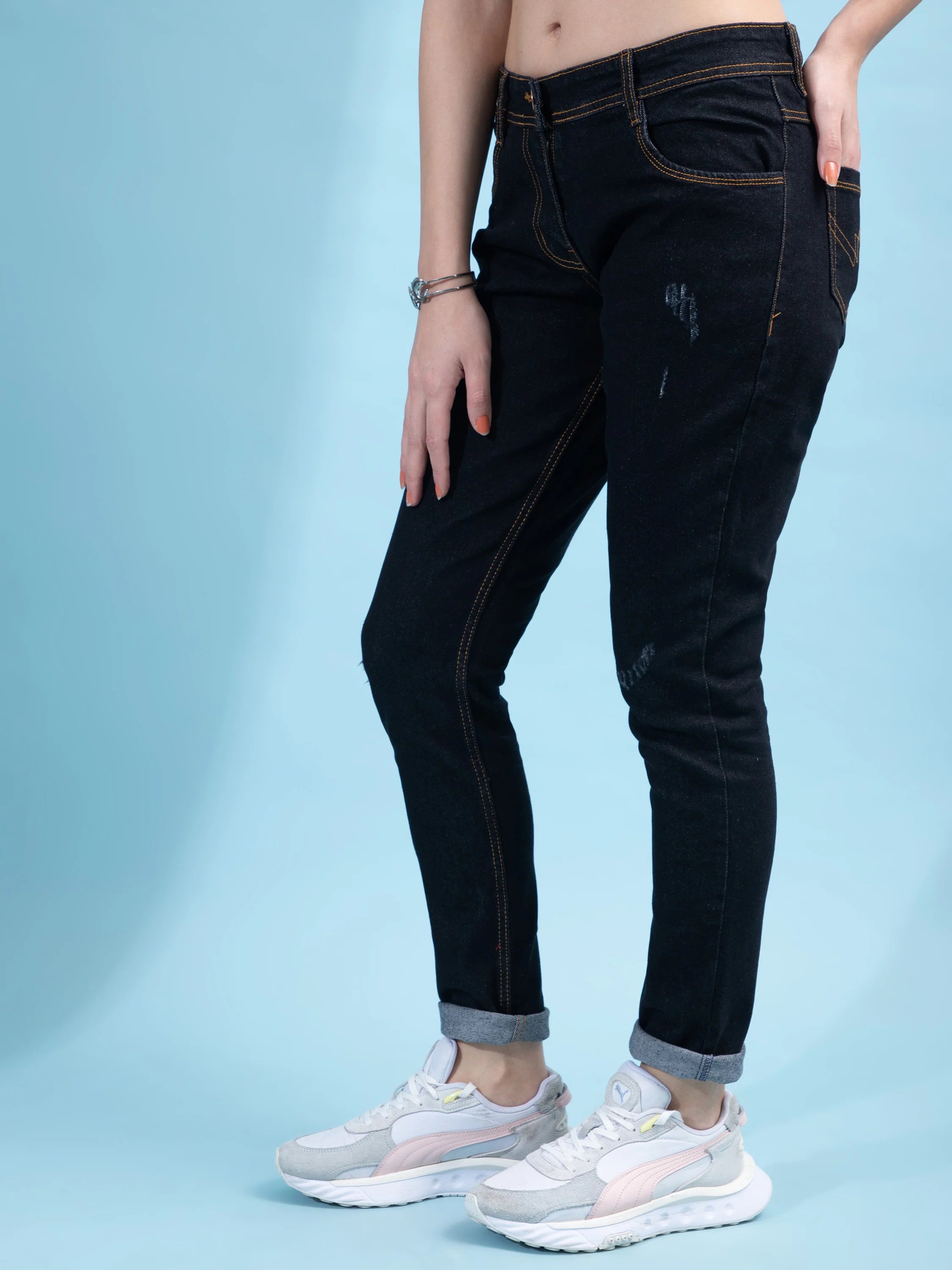 Brezza Fashion -  Distressed Skinny Ripped Denim Jeans for Women, Black