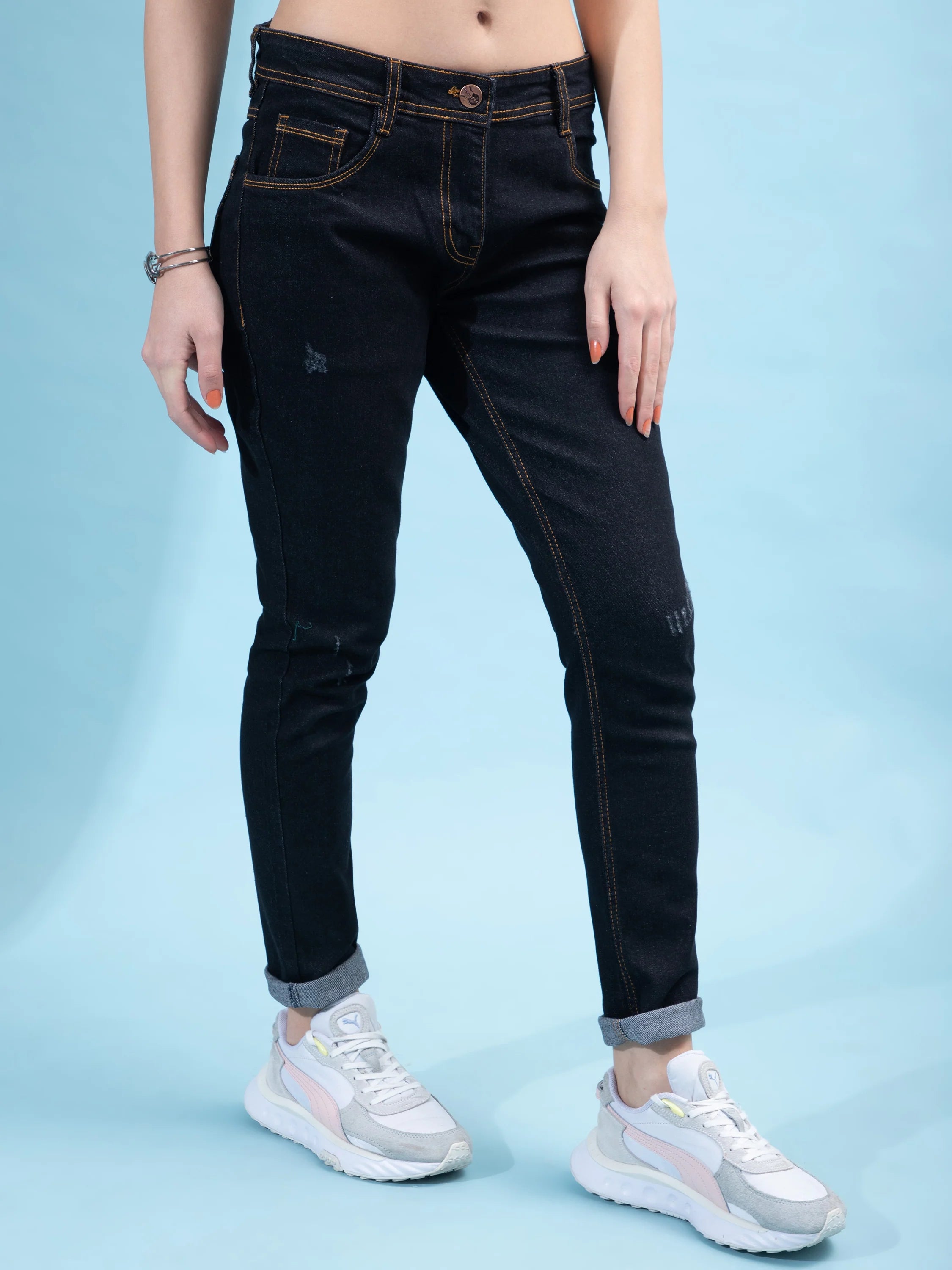 Brezza Fashion -  Distressed Skinny Ripped Denim Jeans for Women, Black